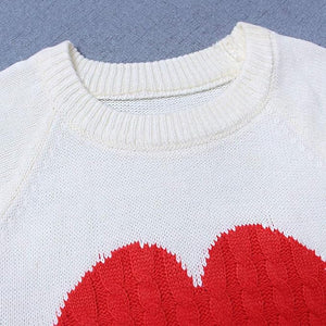 Winter Heart Patchwork Beige/Red Knit Long Sleeve Sweater