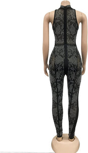 Vintage Style Feathered Black Studded Mesh Strapless Jumpsuit