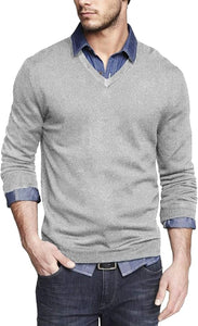 Men's Soft Knit White V Neck Long Sleeve Sweater