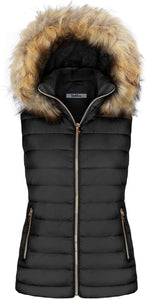 Women's Padded Quilted Fur Hooded Sleeveless Vest
