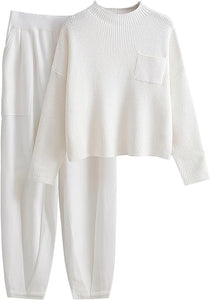 Modern Comfort Soft Knit Beige/White Tracksuit Loungewear Set