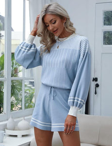 Soft Knit Pullover Long Sleeve White/Black Striped Sweater & Shorts Set