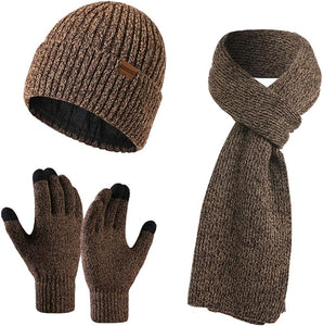 Winter Soft Brown Two Tone Thermal Knit Beanie Hat, Gloves & Scarf Set