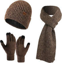 Load image into Gallery viewer, Winter Brown Thermal Knit Beanie Hat, Gloves &amp; Scarf Set