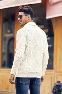 Men's White Cable Knit Long Sleeve Button Neck Sweater