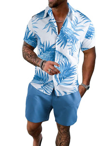 Men's Blue Tropical Short Sleeve Shirt & Shorts Set