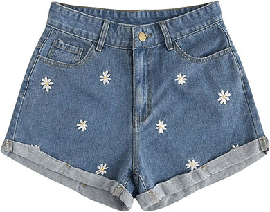 High Waist Medium Blue Sunflower Denim Shorts
