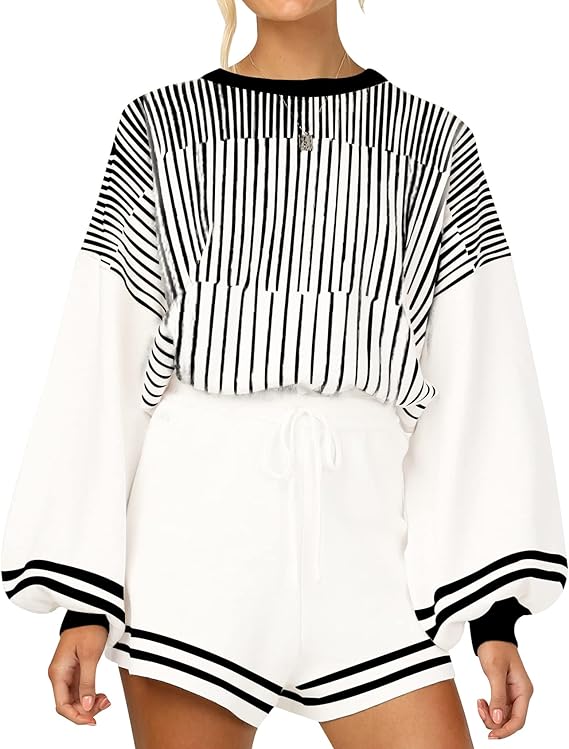 Soft Knit Pullover Long Sleeve White/Black Striped Sweater & Shorts Set