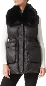 Faux Fur Trim Puffer Style Brown Sleeveless Cargo Pocket Vest Coat