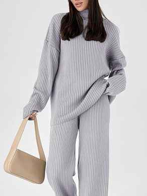 Buttery Soft Turtleneck Grey Knit Long Sleeve Pullover Long Sleeve Top & Pants Set