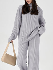 Buttery Soft Turtleneck Brown Knit Long Sleeve Pullover Long Sleeve Top & Pants Set