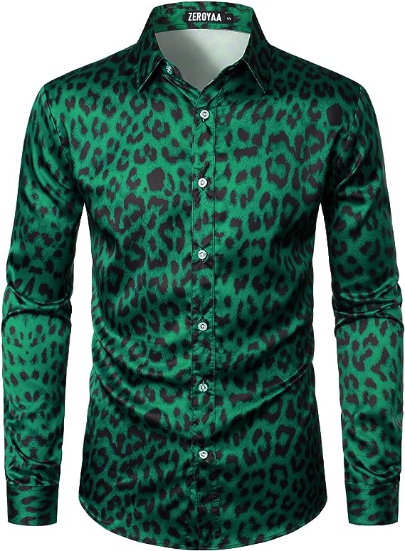 Men's Luxury Satin Printed Green Leopard Long Sleeve Dress Shirt