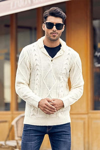 Men's White Cable Knit Long Sleeve Button Neck Sweater