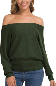 Soft Knit Hunter Green Off Shoulder Long Sleeve Winter Sweater