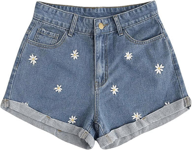 High Waist Light Blue Sunflower Denim Shorts