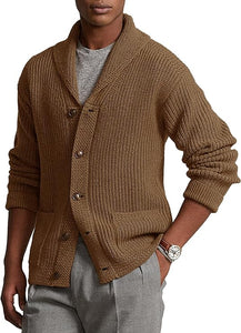 Men's Brown Knit Shawl Ribbed Button Knit Long Sleeve Cardigan