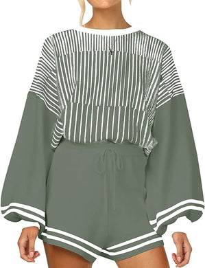 Soft Knit Pullover Long Sleeve Green Striped Sweater & Shorts Set