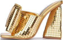 Load image into Gallery viewer, Disco Ball Gold Metallic Bow Tie Mule Heels