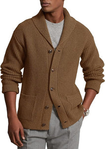 Men's Light Beige Knit Shawl Ribbed Button Knit Long Sleeve Cardigan