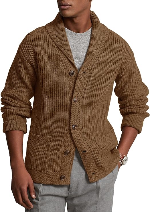Men's Brown Knit Shawl Ribbed Button Knit Long Sleeve Cardigan