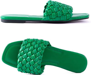 Green Braided Open Toe Flat Sandals