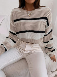 Striped Beige Loose Fit Knit Long Sleeve Cropped Sweater Top