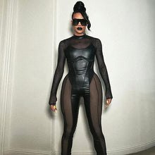 Load image into Gallery viewer, Black Faux Leather Mesh Long Sleeve Jumpsuit