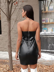 Black Sweetheart Faux Leather Black Mini Dress