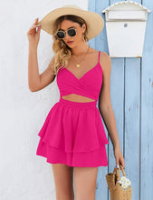 Load image into Gallery viewer, Pink Floral Ruffled Twist Layered Sleeveless Shorts Romper