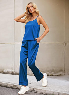 Soft Silk Lounge Style Blue Camisole & Pants Pajamas Set