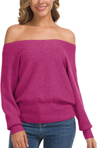 Soft Knit Red Off Shoulder Long Sleeve Winter Sweater