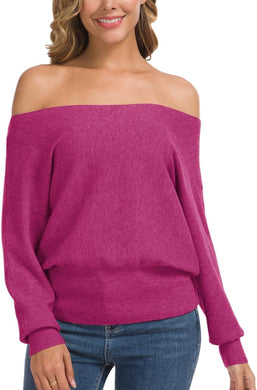Soft Knit Pink Off Shoulder Long Sleeve Winter Sweater