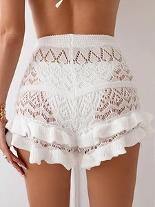 Boho Ruffled Hihg Waist White Crochet Shorts
