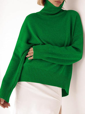 Fashionable Green Turtleneck Style Long Sleeve Sweater