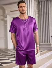 Load image into Gallery viewer, Men&#39;s Black Satin Striped Shirt &amp; Shorts Pajamas