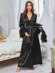 Lovely Black Long Sleeve Faux Fur Belted Robe
