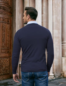 Men's Soft Knit Navy Blue V Neck Long Sleeve Sweater