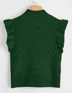 Khaki Ruffle Casual Mock Neck Sweater Vest