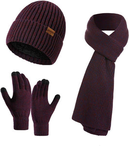 Winter Soft Brown Two Tone Thermal Knit Beanie Hat, Gloves & Scarf Set