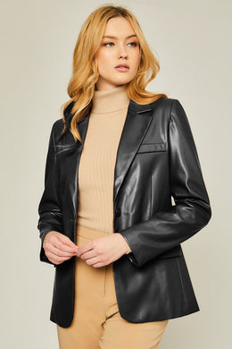 Women's Black Long Sleeve Faux Leather Blazer