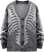 Load image into Gallery viewer, Men&#39;s Light Grey Skeleton Print Knit Button Cardigan Sweater