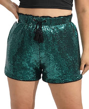 Load image into Gallery viewer, High Waist Blue Sequin Drawstring Stretch Glitter Shorts