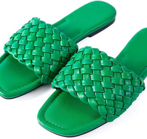 Green Braided Open Toe Flat Sandals