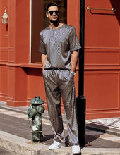 Load image into Gallery viewer, Men&#39;s Black Satin Silk Short Sleeve Shirt &amp; Pants Pajamas Set