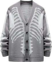 Load image into Gallery viewer, Men&#39;s Light Grey Skeleton Print Knit Button Cardigan Sweater