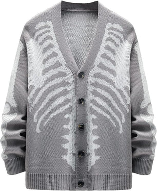 Men's Light Grey Skeleton Print Knit Button Cardigan Sweater