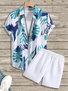 Men's Blue Tropical Short Sleeve Shirt & Shorts Set