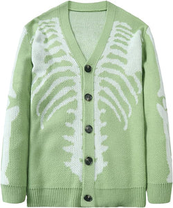Men's Light Grey Skeleton Print Knit Button Cardigan Sweater