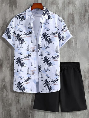 Men's White Palm Tree Printed Short Sleeve & Shorts Set