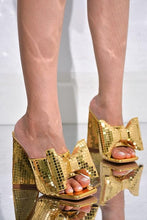 Load image into Gallery viewer, Disco Ball Gold Metallic Bow Tie Mule Heels